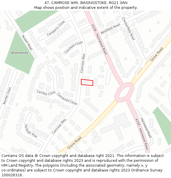 47, CAMROSE WAY, BASINGSTOKE, RG21 3AN: Location map and indicative extent of plot