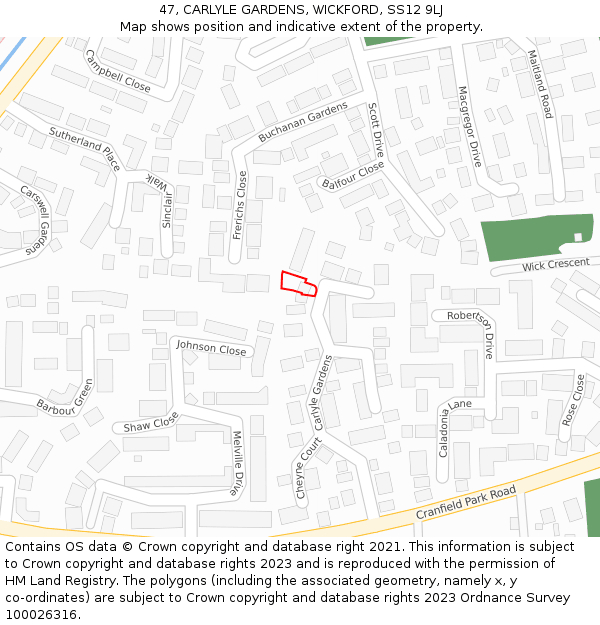 47, CARLYLE GARDENS, WICKFORD, SS12 9LJ: Location map and indicative extent of plot