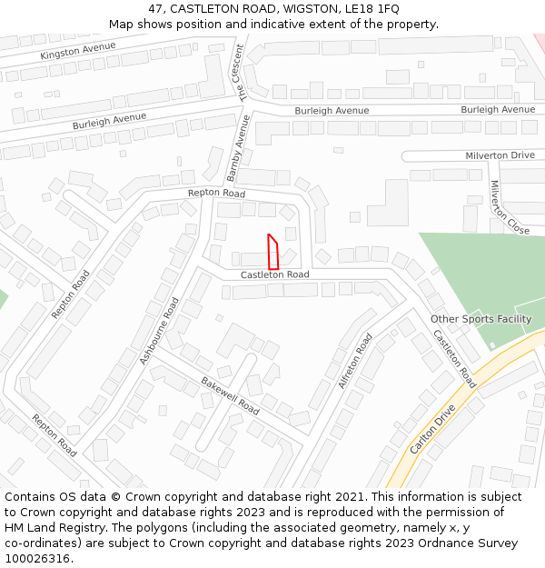47, CASTLETON ROAD, WIGSTON, LE18 1FQ: Location map and indicative extent of plot