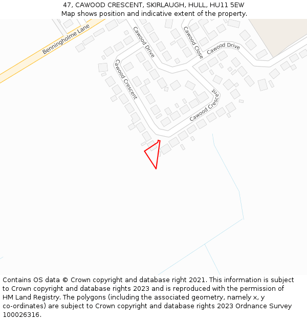 47, CAWOOD CRESCENT, SKIRLAUGH, HULL, HU11 5EW: Location map and indicative extent of plot