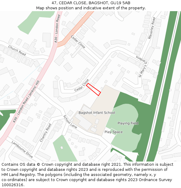 47, CEDAR CLOSE, BAGSHOT, GU19 5AB: Location map and indicative extent of plot