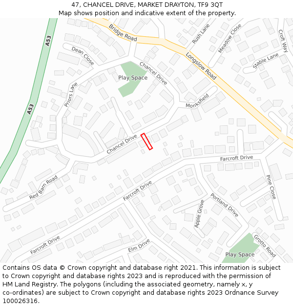 47, CHANCEL DRIVE, MARKET DRAYTON, TF9 3QT: Location map and indicative extent of plot