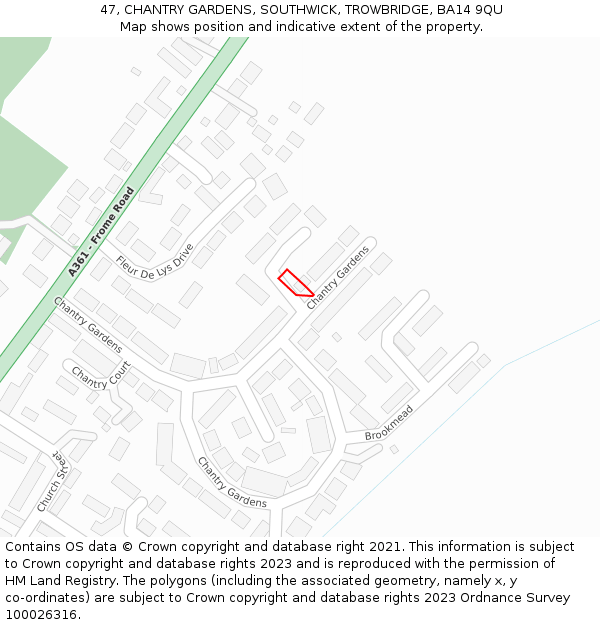 47, CHANTRY GARDENS, SOUTHWICK, TROWBRIDGE, BA14 9QU: Location map and indicative extent of plot