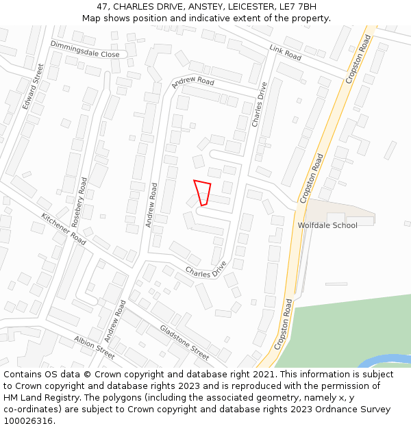 47, CHARLES DRIVE, ANSTEY, LEICESTER, LE7 7BH: Location map and indicative extent of plot