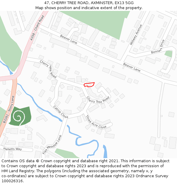 47, CHERRY TREE ROAD, AXMINSTER, EX13 5GG: Location map and indicative extent of plot