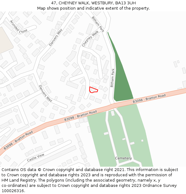 47, CHEYNEY WALK, WESTBURY, BA13 3UH: Location map and indicative extent of plot