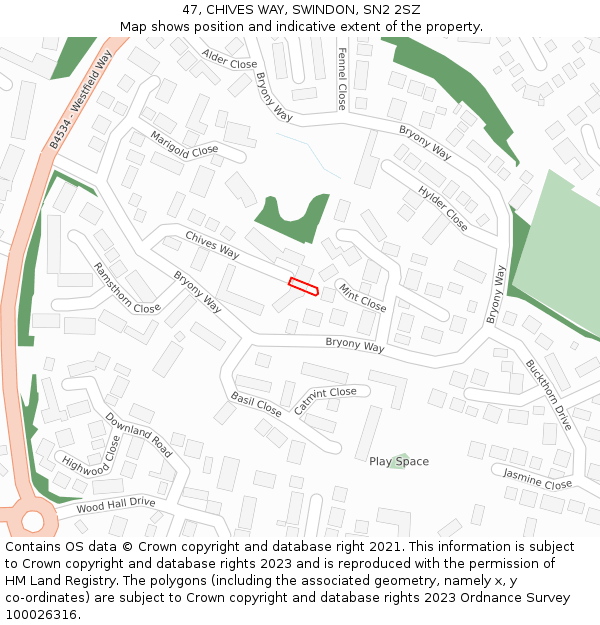 47, CHIVES WAY, SWINDON, SN2 2SZ: Location map and indicative extent of plot