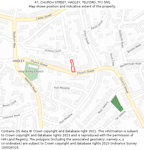 47, CHURCH STREET, HADLEY, TELFORD, TF1 5RQ: Location map and indicative extent of plot