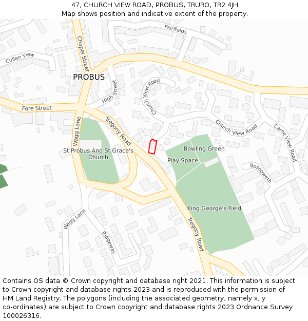 47, CHURCH VIEW ROAD, PROBUS, TRURO, TR2 4JH: Location map and indicative extent of plot