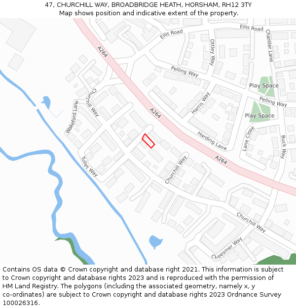 47, CHURCHILL WAY, BROADBRIDGE HEATH, HORSHAM, RH12 3TY: Location map and indicative extent of plot