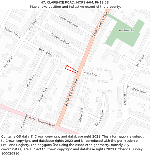 47, CLARENCE ROAD, HORSHAM, RH13 5SJ: Location map and indicative extent of plot