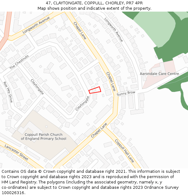 47, CLAYTONGATE, COPPULL, CHORLEY, PR7 4PR: Location map and indicative extent of plot