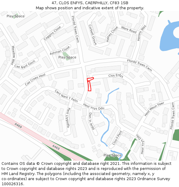 47, CLOS ENFYS, CAERPHILLY, CF83 1SB: Location map and indicative extent of plot