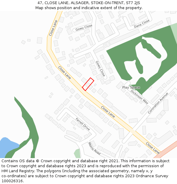 47, CLOSE LANE, ALSAGER, STOKE-ON-TRENT, ST7 2JS: Location map and indicative extent of plot