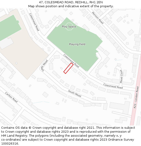 47, COLESMEAD ROAD, REDHILL, RH1 2EN: Location map and indicative extent of plot