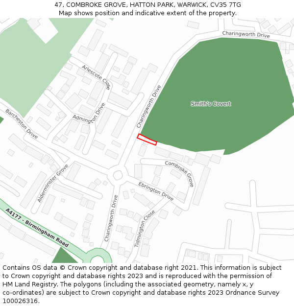 47, COMBROKE GROVE, HATTON PARK, WARWICK, CV35 7TG: Location map and indicative extent of plot