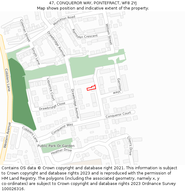 47, CONQUEROR WAY, PONTEFRACT, WF8 2YJ: Location map and indicative extent of plot