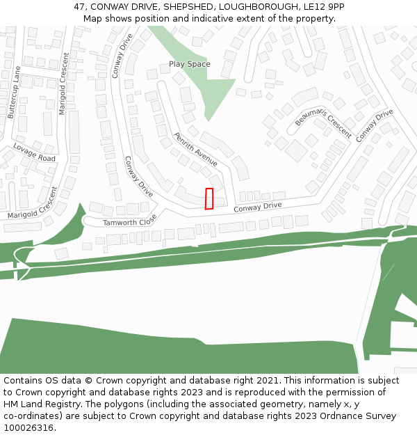 47, CONWAY DRIVE, SHEPSHED, LOUGHBOROUGH, LE12 9PP: Location map and indicative extent of plot