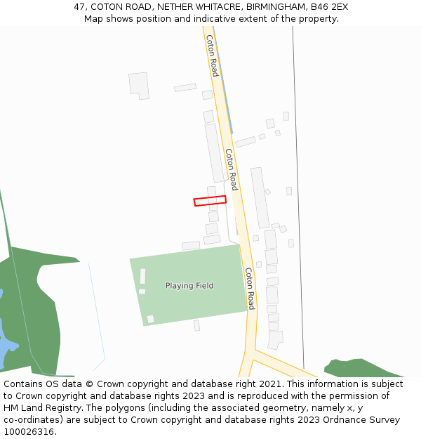 47, COTON ROAD, NETHER WHITACRE, BIRMINGHAM, B46 2EX: Location map and indicative extent of plot