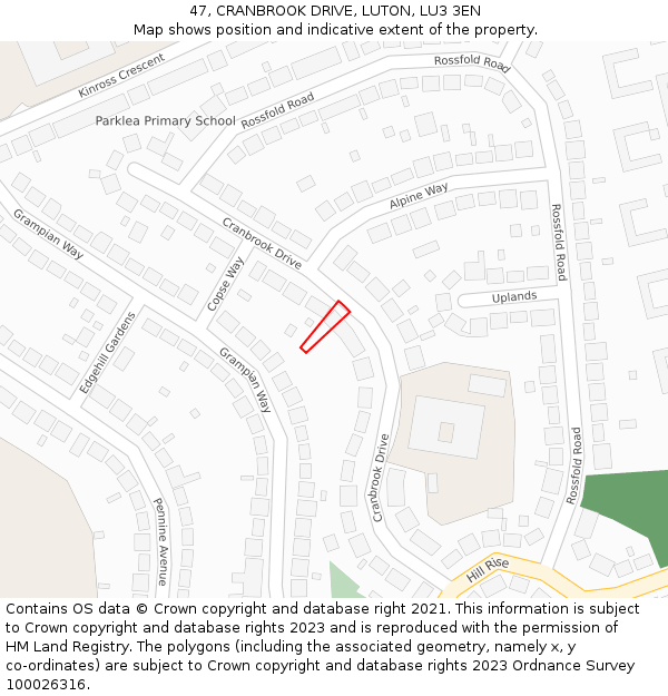 47, CRANBROOK DRIVE, LUTON, LU3 3EN: Location map and indicative extent of plot