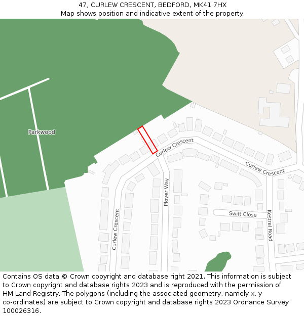 47, CURLEW CRESCENT, BEDFORD, MK41 7HX: Location map and indicative extent of plot