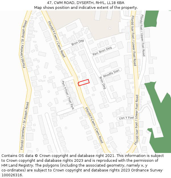 47, CWM ROAD, DYSERTH, RHYL, LL18 6BA: Location map and indicative extent of plot