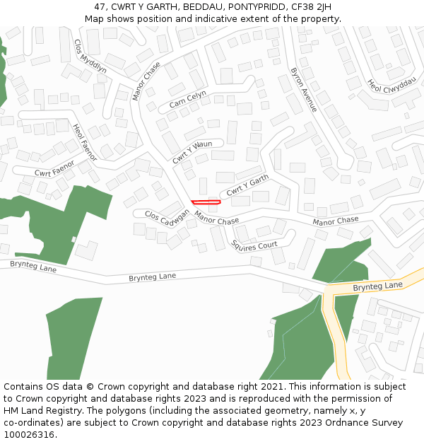 47, CWRT Y GARTH, BEDDAU, PONTYPRIDD, CF38 2JH: Location map and indicative extent of plot