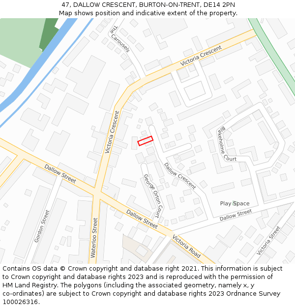 47, DALLOW CRESCENT, BURTON-ON-TRENT, DE14 2PN: Location map and indicative extent of plot