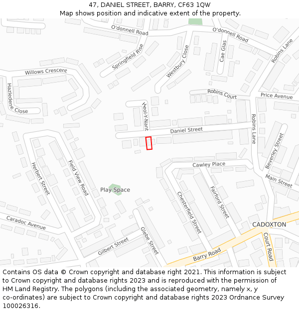 47, DANIEL STREET, BARRY, CF63 1QW: Location map and indicative extent of plot