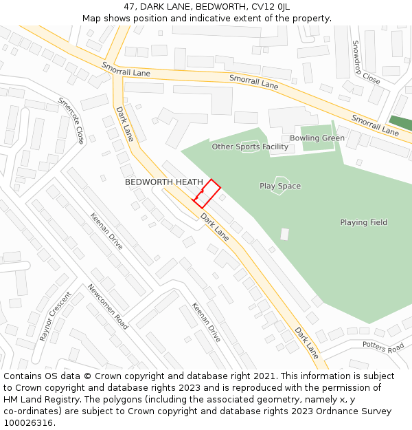 47, DARK LANE, BEDWORTH, CV12 0JL: Location map and indicative extent of plot