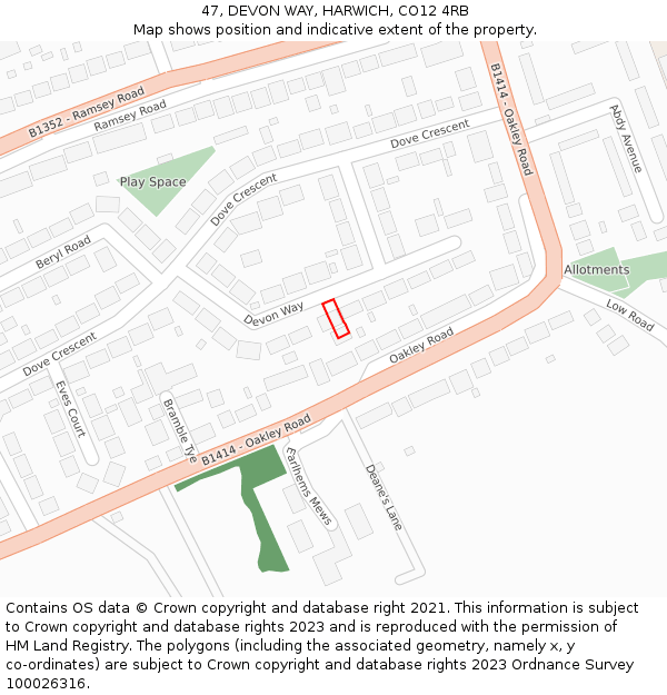 47, DEVON WAY, HARWICH, CO12 4RB: Location map and indicative extent of plot