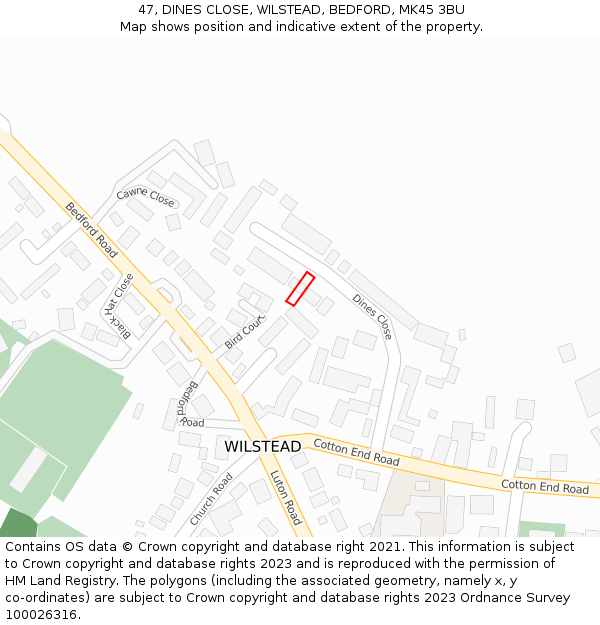47, DINES CLOSE, WILSTEAD, BEDFORD, MK45 3BU: Location map and indicative extent of plot