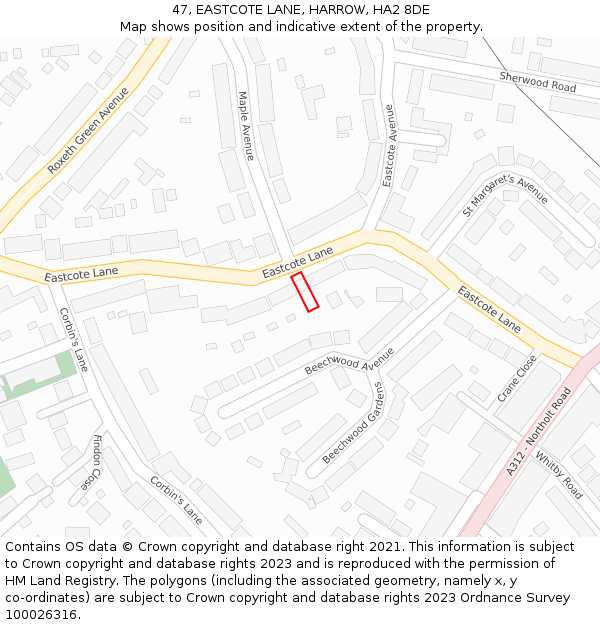 47, EASTCOTE LANE, HARROW, HA2 8DE: Location map and indicative extent of plot