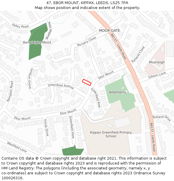 47, EBOR MOUNT, KIPPAX, LEEDS, LS25 7PA: Location map and indicative extent of plot