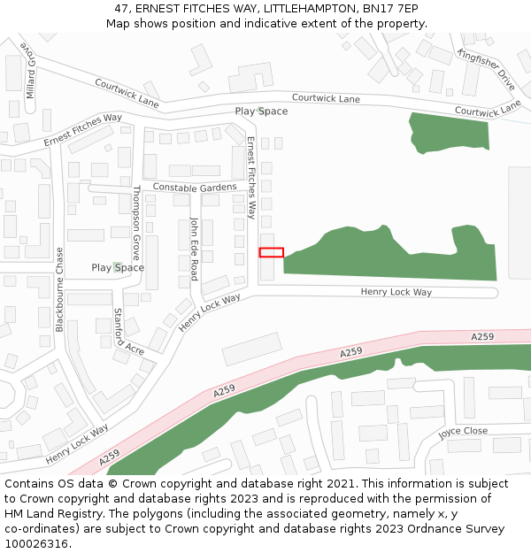 47, ERNEST FITCHES WAY, LITTLEHAMPTON, BN17 7EP: Location map and indicative extent of plot