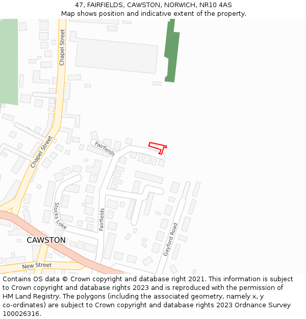 47, FAIRFIELDS, CAWSTON, NORWICH, NR10 4AS: Location map and indicative extent of plot