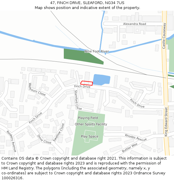 47, FINCH DRIVE, SLEAFORD, NG34 7US: Location map and indicative extent of plot