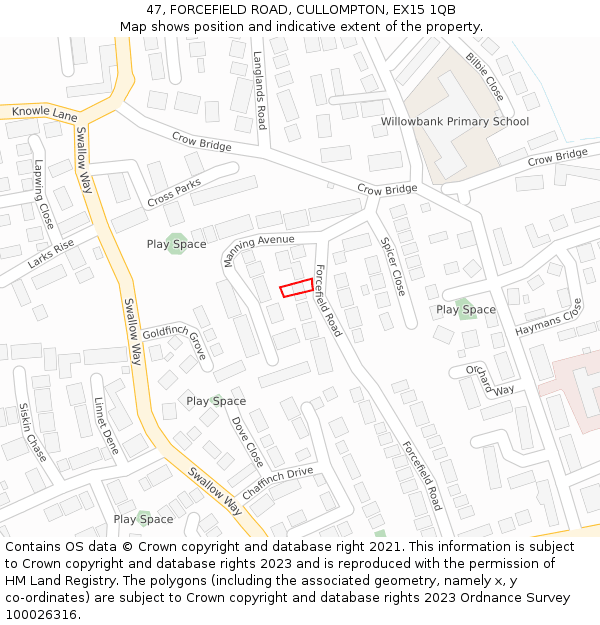 47, FORCEFIELD ROAD, CULLOMPTON, EX15 1QB: Location map and indicative extent of plot