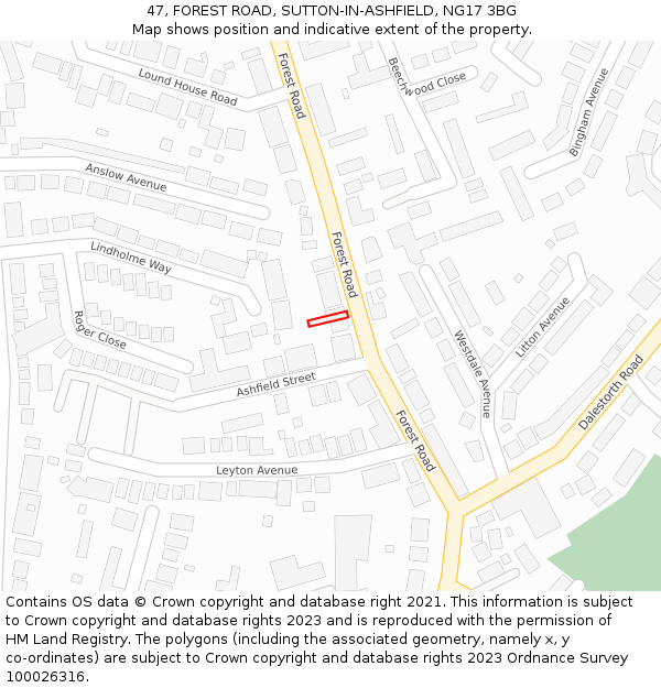 47, FOREST ROAD, SUTTON-IN-ASHFIELD, NG17 3BG: Location map and indicative extent of plot