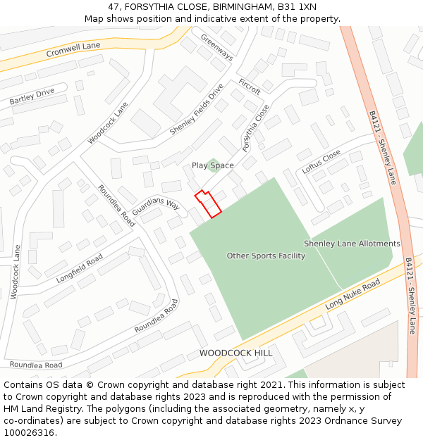 47, FORSYTHIA CLOSE, BIRMINGHAM, B31 1XN: Location map and indicative extent of plot