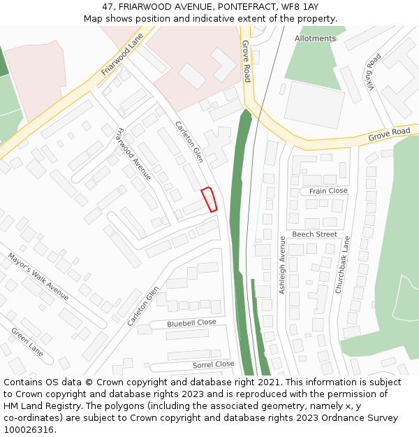 47, FRIARWOOD AVENUE, PONTEFRACT, WF8 1AY: Location map and indicative extent of plot