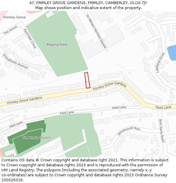 47, FRIMLEY GROVE GARDENS, FRIMLEY, CAMBERLEY, GU16 7JY: Location map and indicative extent of plot