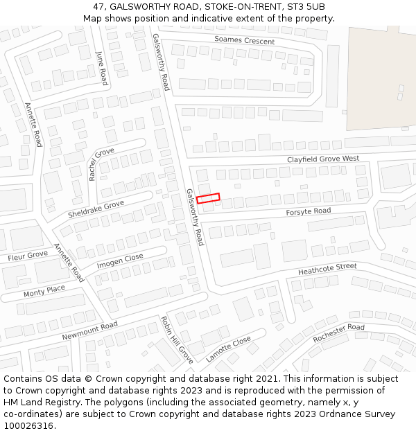 47, GALSWORTHY ROAD, STOKE-ON-TRENT, ST3 5UB: Location map and indicative extent of plot