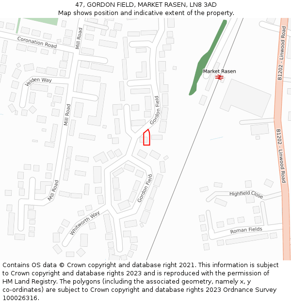 47, GORDON FIELD, MARKET RASEN, LN8 3AD: Location map and indicative extent of plot