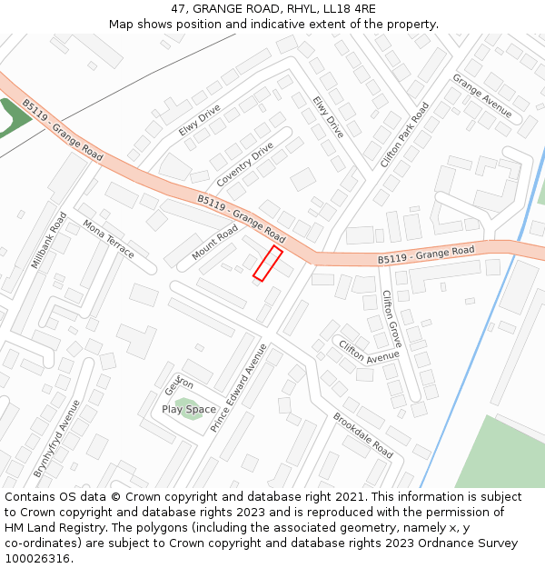 47, GRANGE ROAD, RHYL, LL18 4RE: Location map and indicative extent of plot