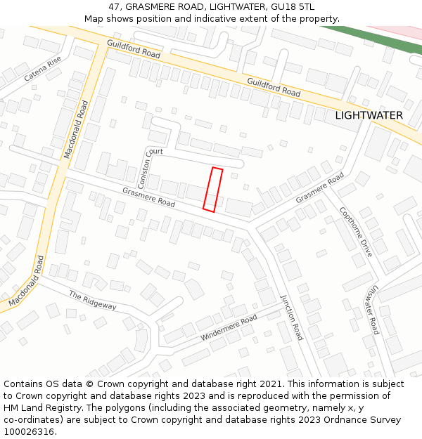 47, GRASMERE ROAD, LIGHTWATER, GU18 5TL: Location map and indicative extent of plot