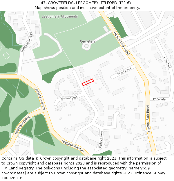 47, GROVEFIELDS, LEEGOMERY, TELFORD, TF1 6YL: Location map and indicative extent of plot