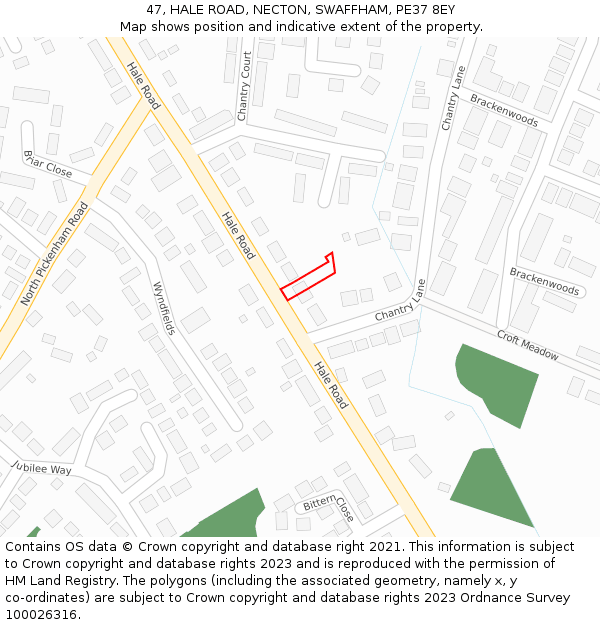 47, HALE ROAD, NECTON, SWAFFHAM, PE37 8EY: Location map and indicative extent of plot