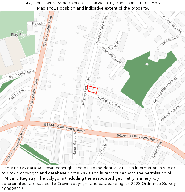 47, HALLOWES PARK ROAD, CULLINGWORTH, BRADFORD, BD13 5AS: Location map and indicative extent of plot