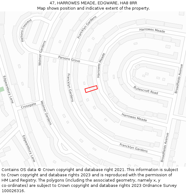 47, HARROWES MEADE, EDGWARE, HA8 8RR: Location map and indicative extent of plot